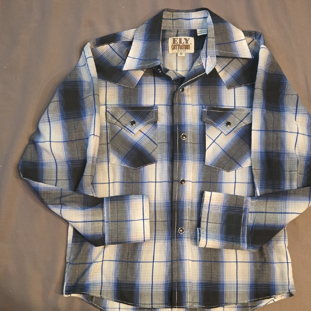 Ely Cattleman Blue and Black Plaid Western Snap Shirt
